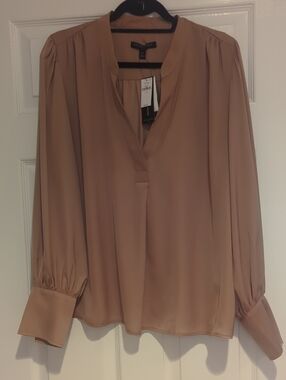 Banana Republic Neutral Taupe Split-Neck Long Sleeve Blouse